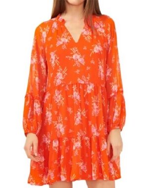 Vince Camuto Orange Floral V-Neck Tiered Midi Dress
